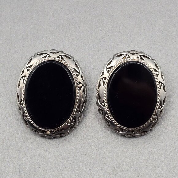 VTG Taxco Sterling Silver & Black Onyx Filigree Clip-On Earrings 1.25" TS-14 - Picture 8 of 12